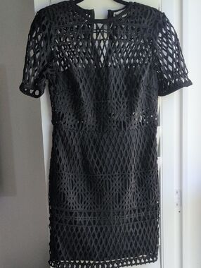 Black Crochet Overlay Women's Dress - Elegant Short Sleeve